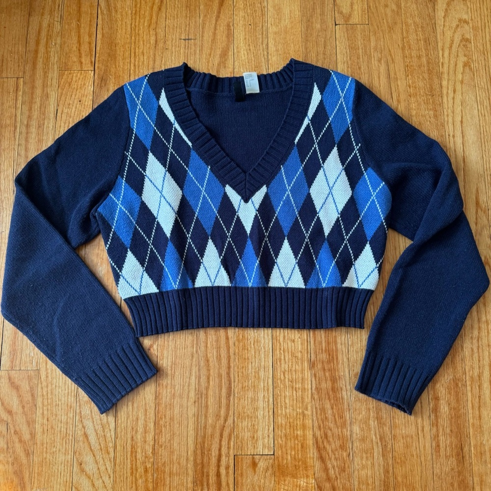 H&M Blue Argyle Cropped Sweater